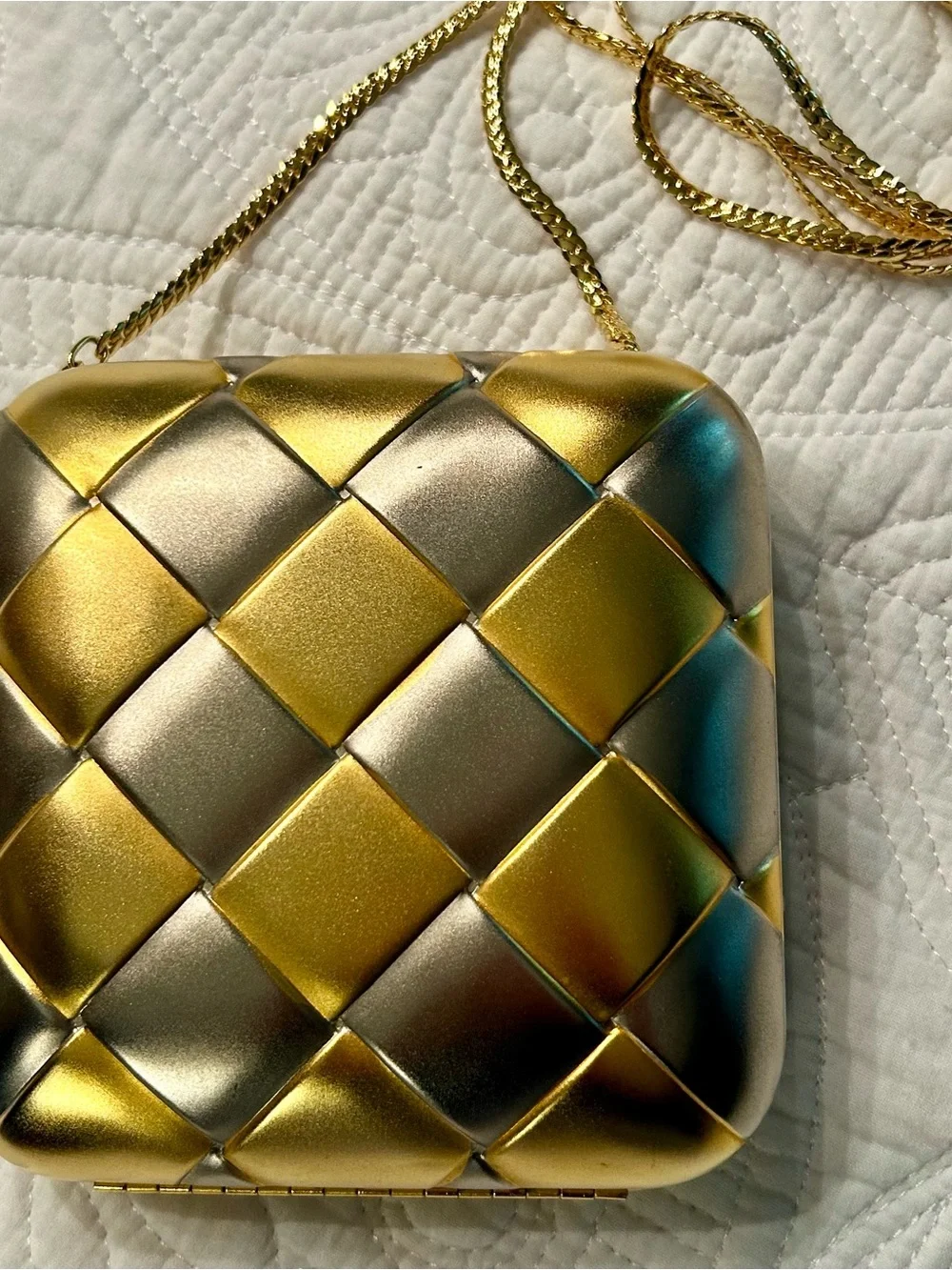 Elegant Elan Gold and Silver Quilted Crystal-Trim Clutch